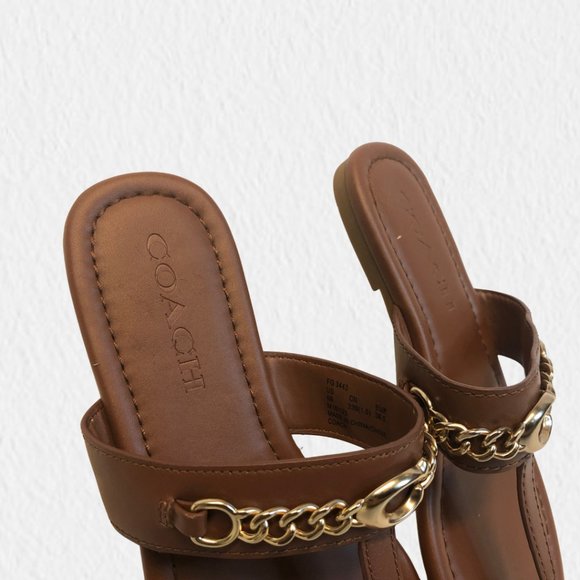 Coach Saddle Brown Sandals with Gold Chain Link - Picture 2 of 3